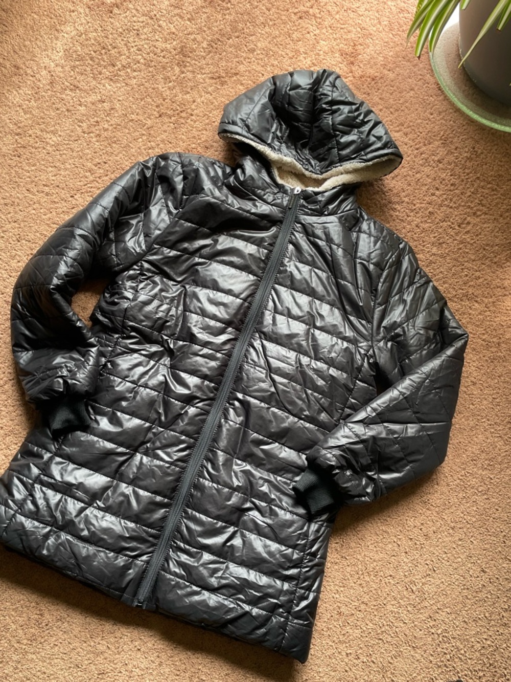 NEW Black Quilted Hooded Puffer Jacket Sherpa Lined